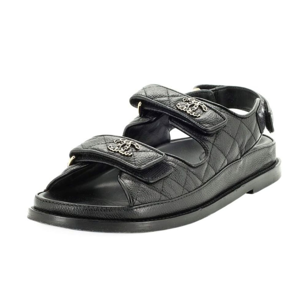 Chanel Women's Velcro Dad Sandals Quilted Leather Black